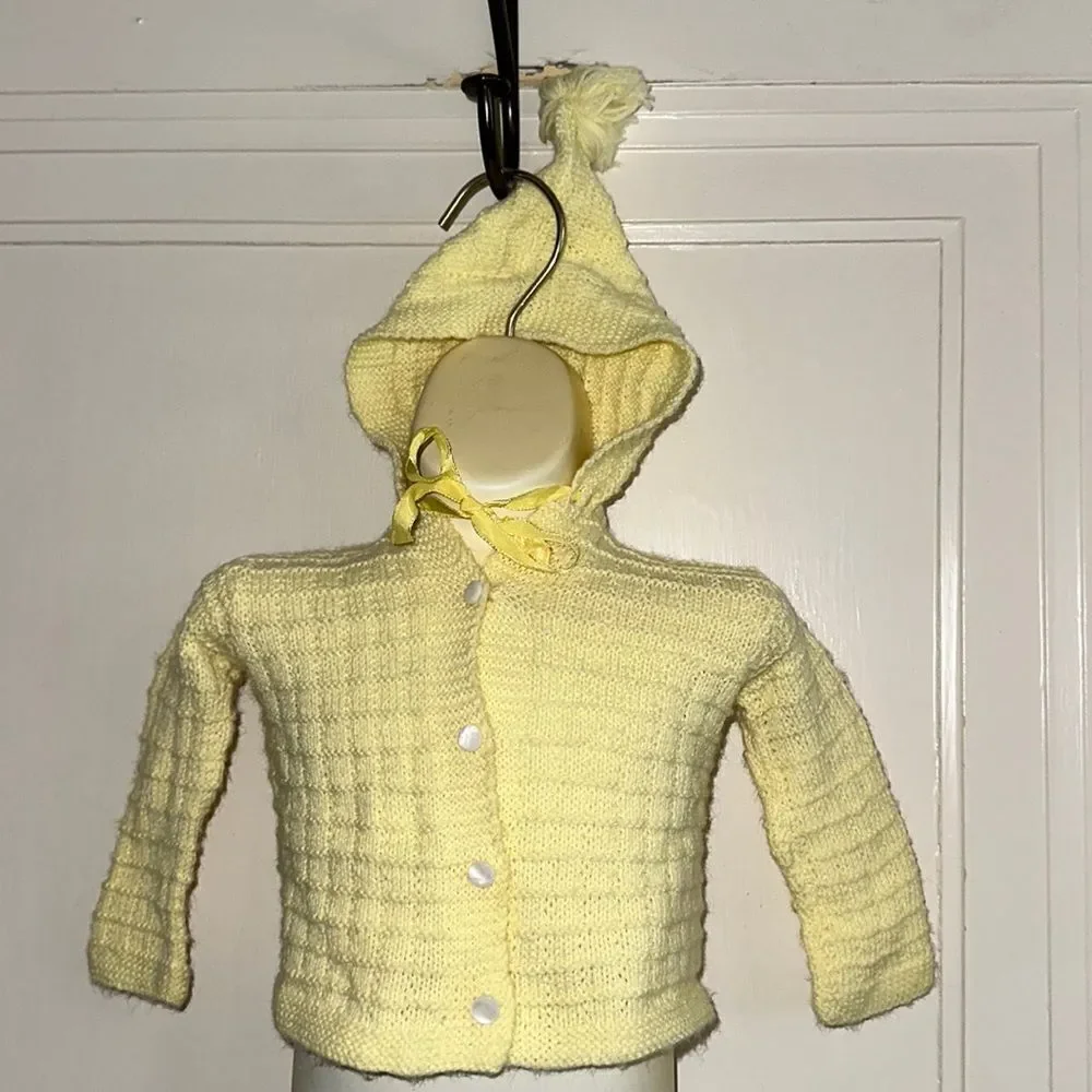 Vintage‎ yellow pom pom hooded cardigan unisex baby sweater